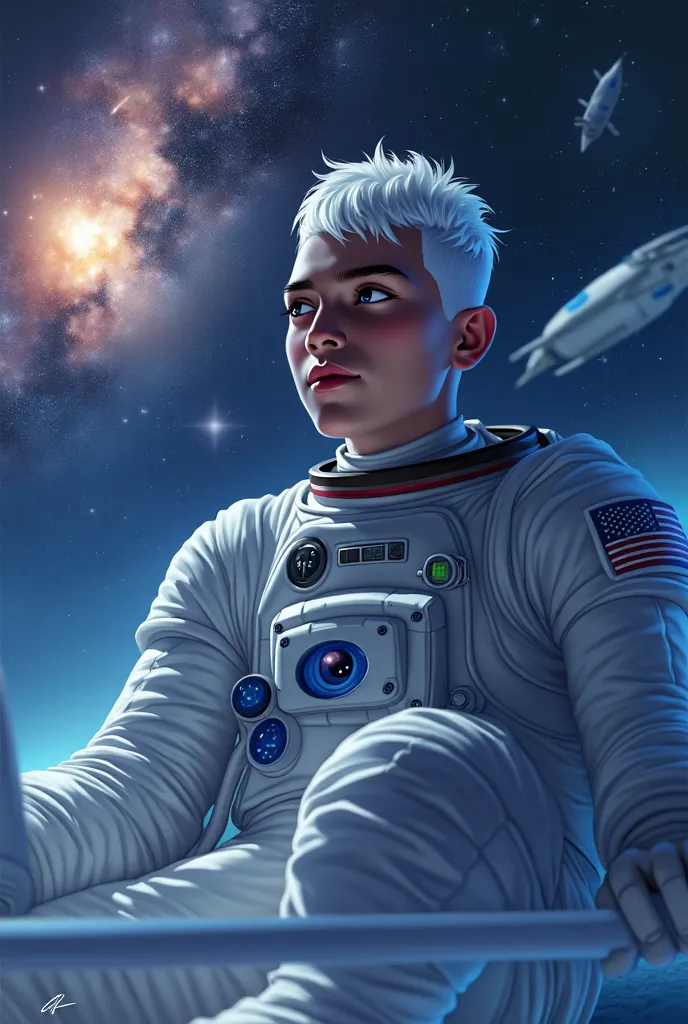 Close-up of an improved masterpiece:1.5)0.9], ( Space and astronauts :1.2) ( Messy silver hair:1.1) ( Heterochromia: xanthochromia and blue eyes :1.2) (space helmet:1.0) (Colored Stars in the Eyes:1.0) (A radiant glow:1.1) ( Thick Lips:0.9)