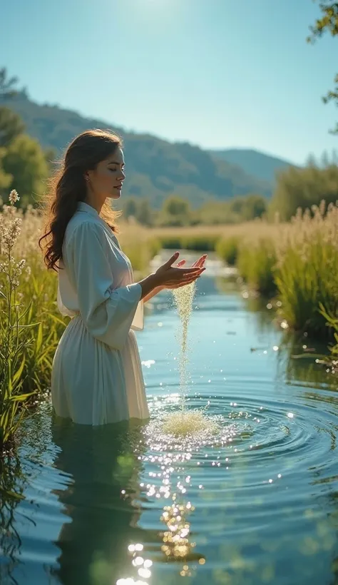 A woman in a verdant field, looking at a crystal clear river that reflects a bright blue sky. She touches the water with her hands and small waves of golden light form, representing purification and divine blessings.