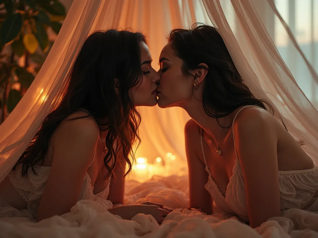 two girls kissing,,( bright lighting , romantic atmosphere ), dreamy background ,,dark hair, Fascinating look, , soft leather,  seductive beauty , artistic portrait, high quality image, vibrant colors,translucent silk long dress, mosquito net, Lying down, ...