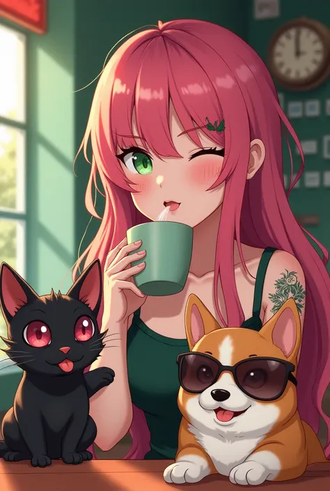  emerald green and red gradient background 、old cafe 、Femboy's long pink hair, One eye blinks、With an ecstatic look、green eyes。 Drink steaming coffee、A black cat with a cute tattoo sticks out its tongue
With a cute corgi dog in sunglasses、