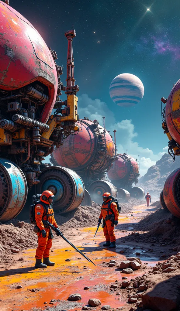 In a colorful space colony construction site, space workers operate aged, arm-equipped space heavy machinery, showing vibrant colors mixed with wear and tear. The facility and their space suits also exhibit signs of dirt and aging, with colorful yet weathe...