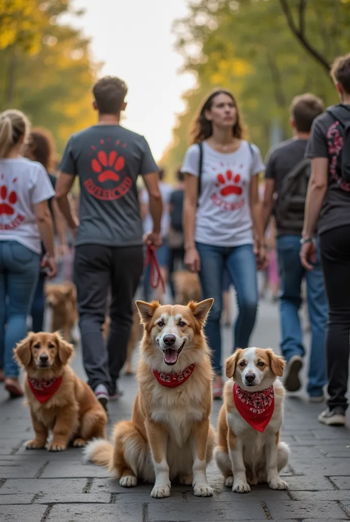 a demonstration on a busy street or in a park, with some people wearing t-shirts with animal protection symbols. It could also include the presence of rescued dogs, some wearing bandanas or small signs reinforcing the message.
The atmosphere must convey pa...