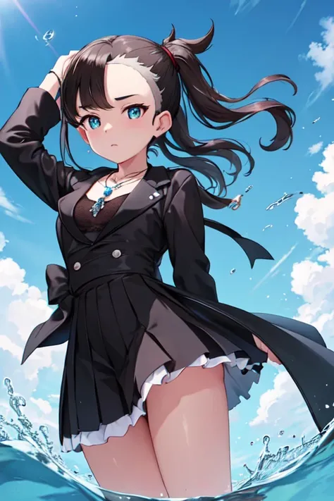 Unfit for work, angle from below, Strong winds,masterpiece, highest quality, high resolution, Marnie, eye of water, black necklace, jeweler&#39;s, long sleeve, cowboy shot, are standing, field,  holding Pokéball  , Pokéball  \(basic\), A very surprised fac...