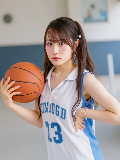 photo realistic, A tall, athletic high school girl with light brown hair tied in a ponytail, brown eyes, and a toned muscular body, wearing a sleeveless basketball uniform (white and blue), short basketball shorts, and sports sneakers. She is flexing her a...