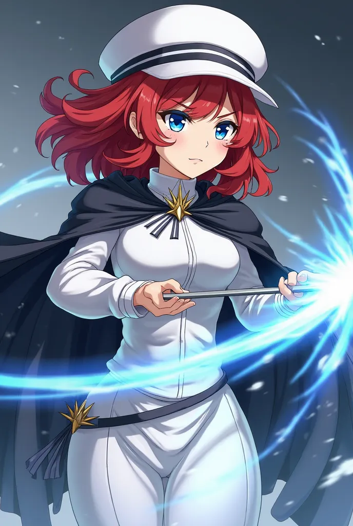  A woman with wavy red hair, fair skin and intense blue eyes , wears a white straight-brimmed cap and elegant white clothes, complemented by a flowing black cape. She wields a magical arc made of bright blue energy, with an energy arrow about to be fired. ...