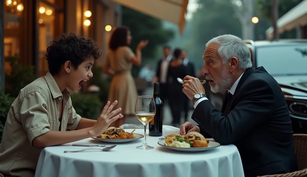 A cinematic, surreal 4k image of a dramatic moment in an upscale outdoor cafe. A wealthy older man with silver hair, sharp features and a tailored black suit sits at a pristine white table, with a glass and bottle of wine on it, holding a spoonful of food ...