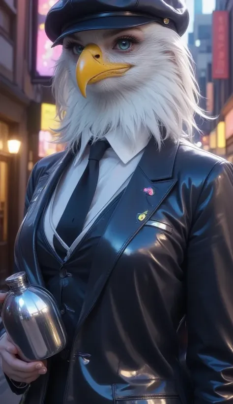 A tall, human-like Bald Eagle dressed in a 1920s Peaky Blinders-style black suit, wearing a flat cap, white dress shirt, and black tie. The Bald Eagle has a strong, intimidating presence, holding a metal hip flask while drinking from it. The scene is cinem...