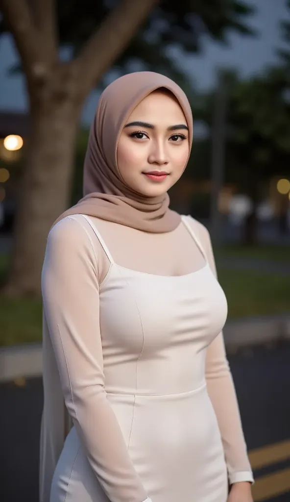 ((ultra realistic)), ((cinematic reel)), ((4K quality)), ((Indonesian elegant woman))

A young woman in a hijab looks graceful in a calm evening setting. She was wearing an elegant long white dress, teamed with a long, shiny silvery gold sheer outer fabric...