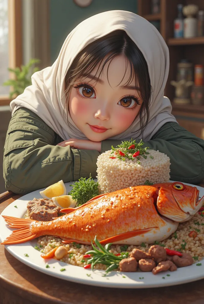  Real scene where there is a Korean woman beautiful wearing hijab,  Smooth White Skin , cargo pants ,  with lots of pockets ,  while lying on its side smiling ,  eyes staring at camera ,  is on a plate of fried rice  .. lying with a big fish on a large pla...