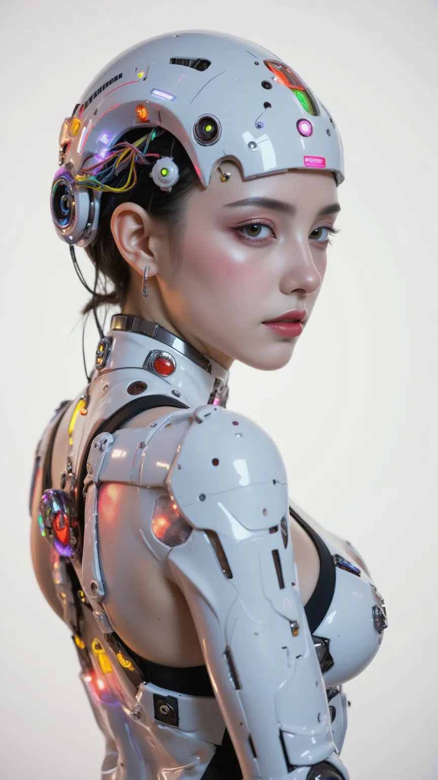 nice photo of a female cyborg, future, nice, is dazzling, attractive, flashy, upper body, Quirky, Adult face, full shot, Strong Makeup, cyborgized brains, colorful, Wonderful, robot head is smooth and glossy like ceramic, detailed, stand out, The robot's h...