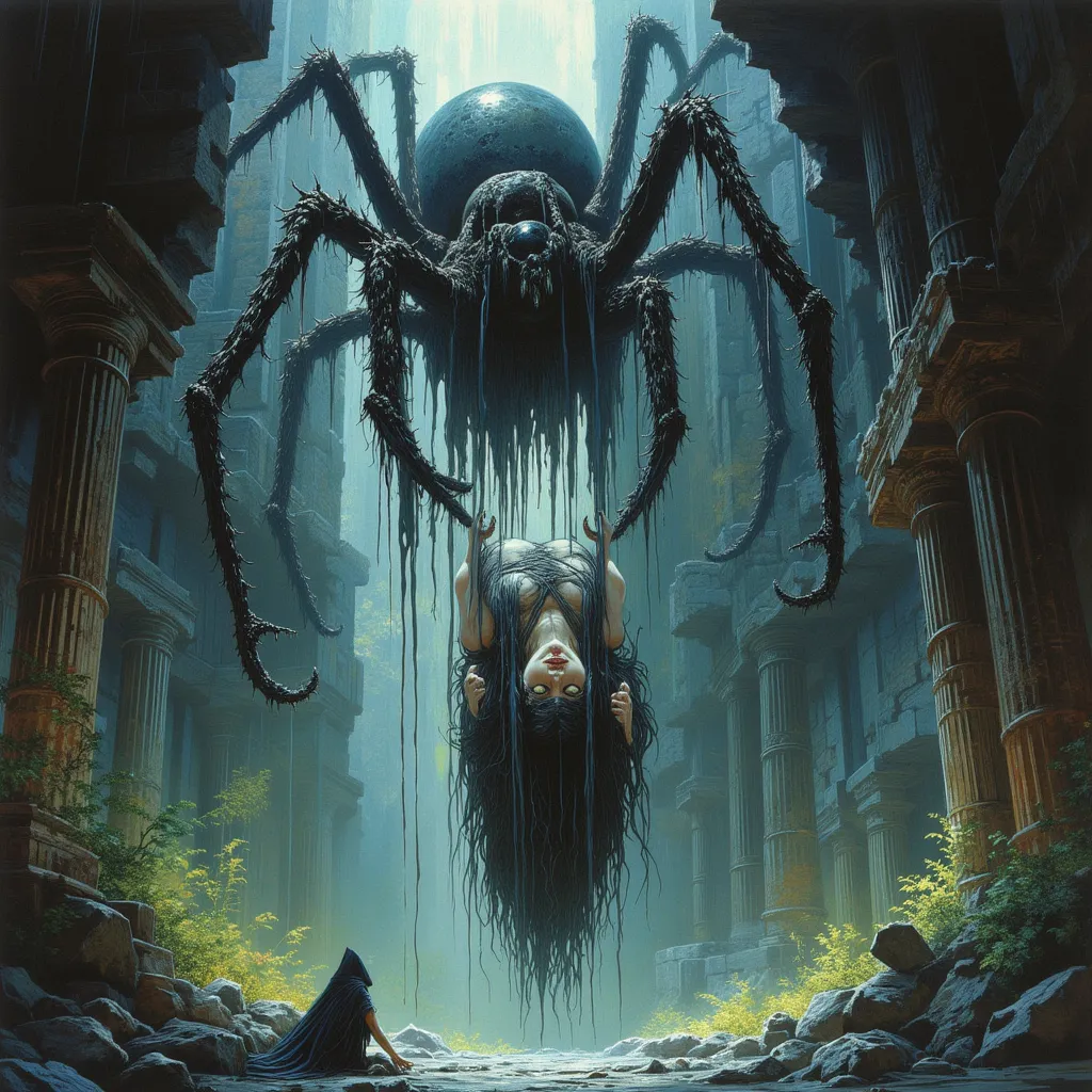 Dark fantasy illustration of a pale-skinned woman with long, flowing black hair and eerie white eyes, bound upside down in thick, glistening spider silk. Her body is partially covered by the organic strands in a pose that exudes both eerie seduction and he...