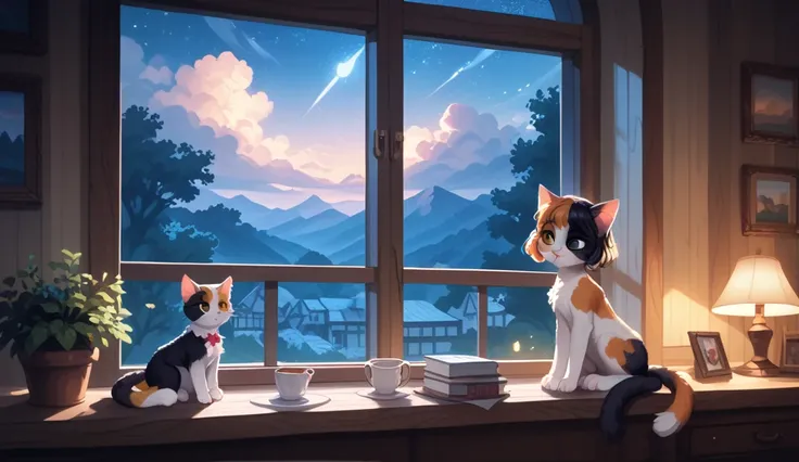 A girl and a cat looking outside from a room with a view of the night scenery.