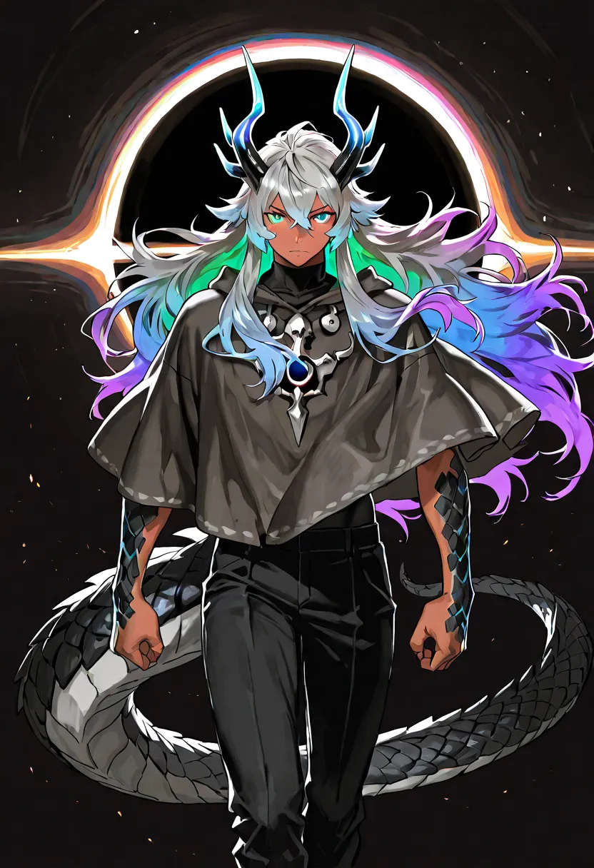 Solo, fit male, draconic person, tanned skin, gradient hair, grey hair to magenta hair tips, messy long hair, long dragon tail, gradient bismuth horns, abyssal dragon, ((gradient scales, black scales, rainbow scales)), Khaenri'ah, Natlan, Sumeru, abyssal p...