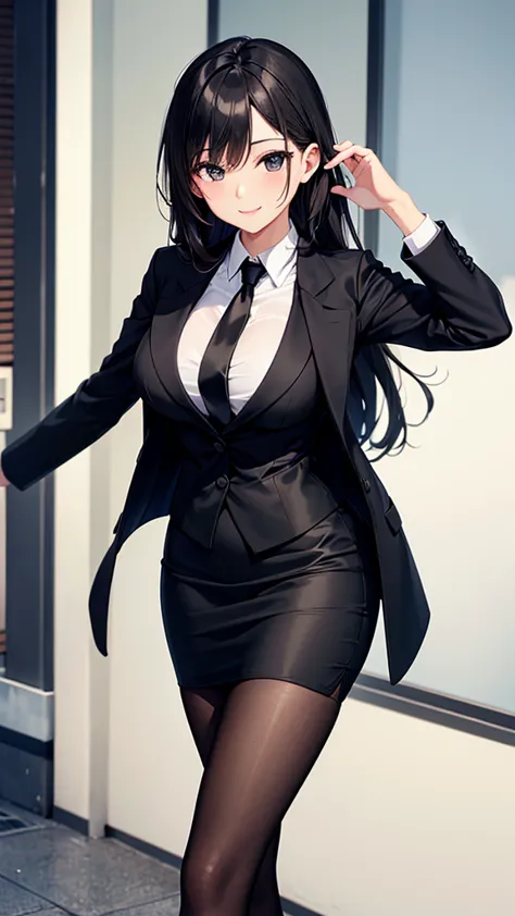 sexy older sister in a black business suit wearing a black tie　　 　　I'm wearing a black tie　black pencil skirt　Brown tights　A radiant smile　 High Resolution　 high image quality