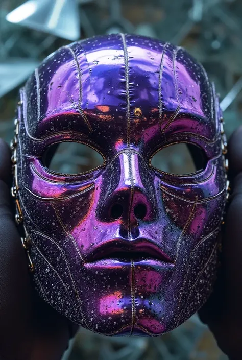 The camera, on a subjective plane, focuses on the gloved hands holding the bright purple mask. The shallow depth of field highlights its detailed texture, enquanto o fundo permanece desfocado. } Cold, directed lighting reveals a metallic sheen on the surfa...