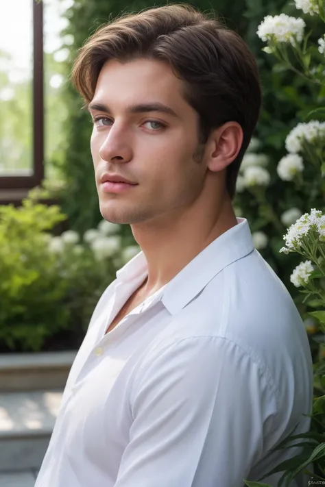 A man sitting on a window sill in a blue shirt and white pants.