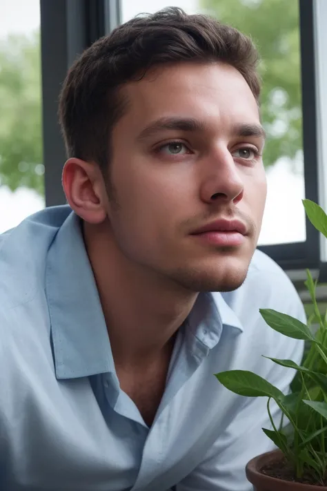 A man sitting on a window sill in a blue shirt and white pants.