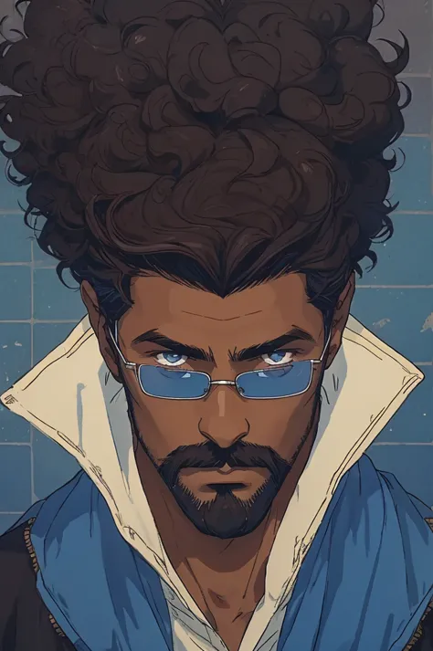 create a dark-skinned male wizard, around 40 years old, with short dark brown curly hair, dark brown eyes and a short mustache and beard, with a serious look, wearing dark blue square glasses and dark blue royal clothes