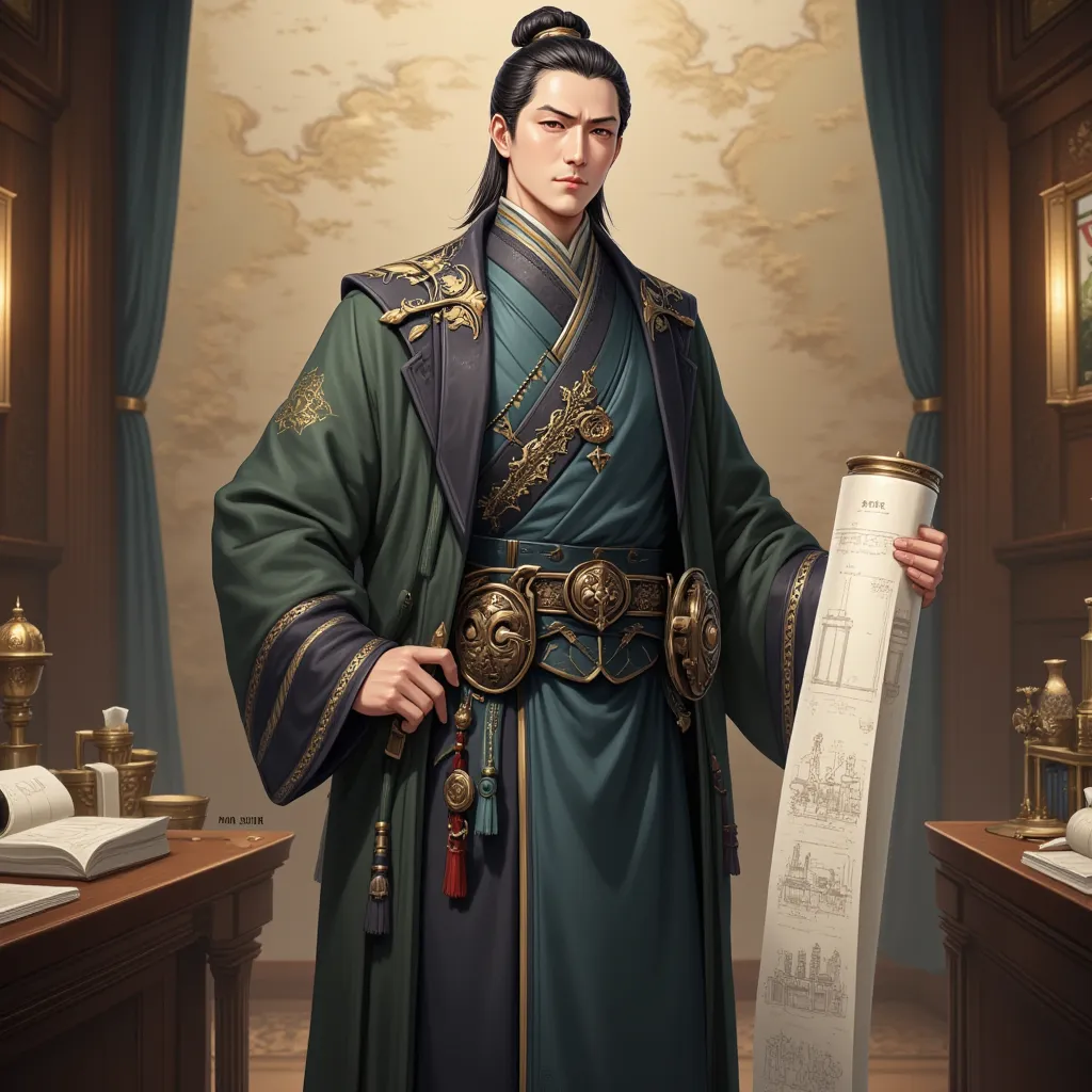 Han Ling Character Design Prompt:

"A full-body illustration of Han Ling, also known as the 'Mortal Prime Minister' and 'Saint of Agricultural Warfare,' a high-ranking commander of the Imperial Demon Hunting Division and a visionary reformist in an Eastern...