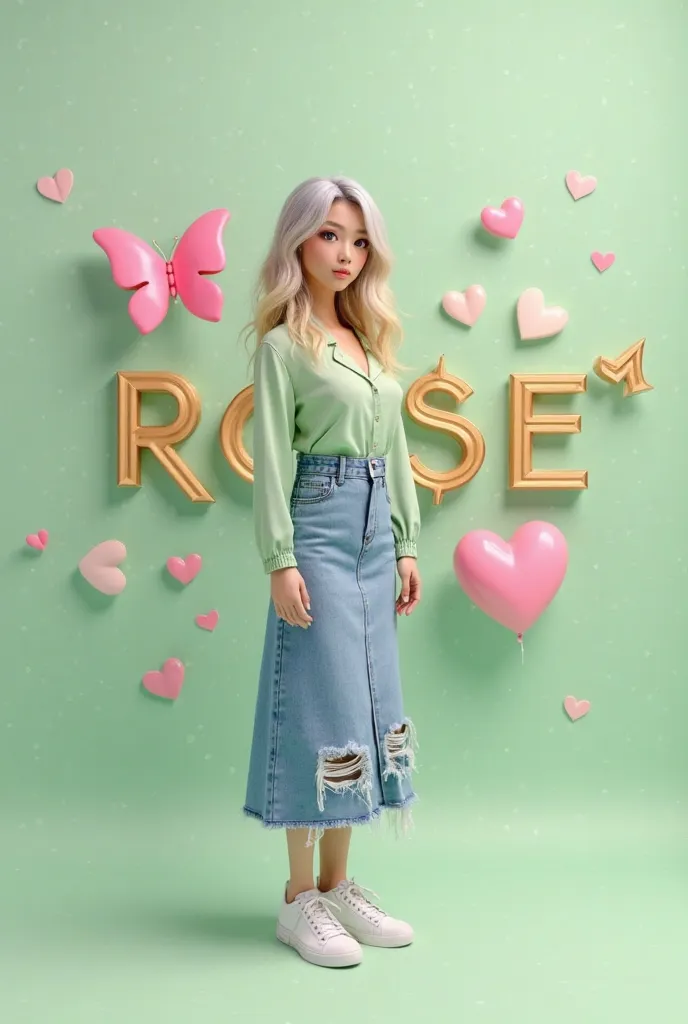 A beautiful Filipina woman with long blond ombre  and gray hair, wearing light green blouse and denim longskirt shredded with sneakers standing in a giant 3D render of a photo-like image a light green background. The text "ROSE " is written in golden lette...