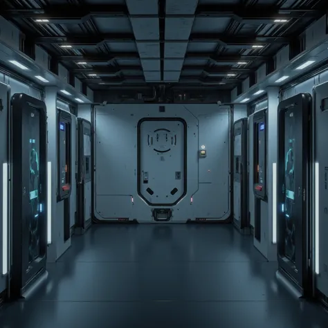 a futuristic corridor scene in an advanced station, where the bottom and sides balance. The metal walls reflect soft lighting from light strips embedded in the ceiling and the floor. The floor has a dark finish with a metallic appearance, , evidencing visi...