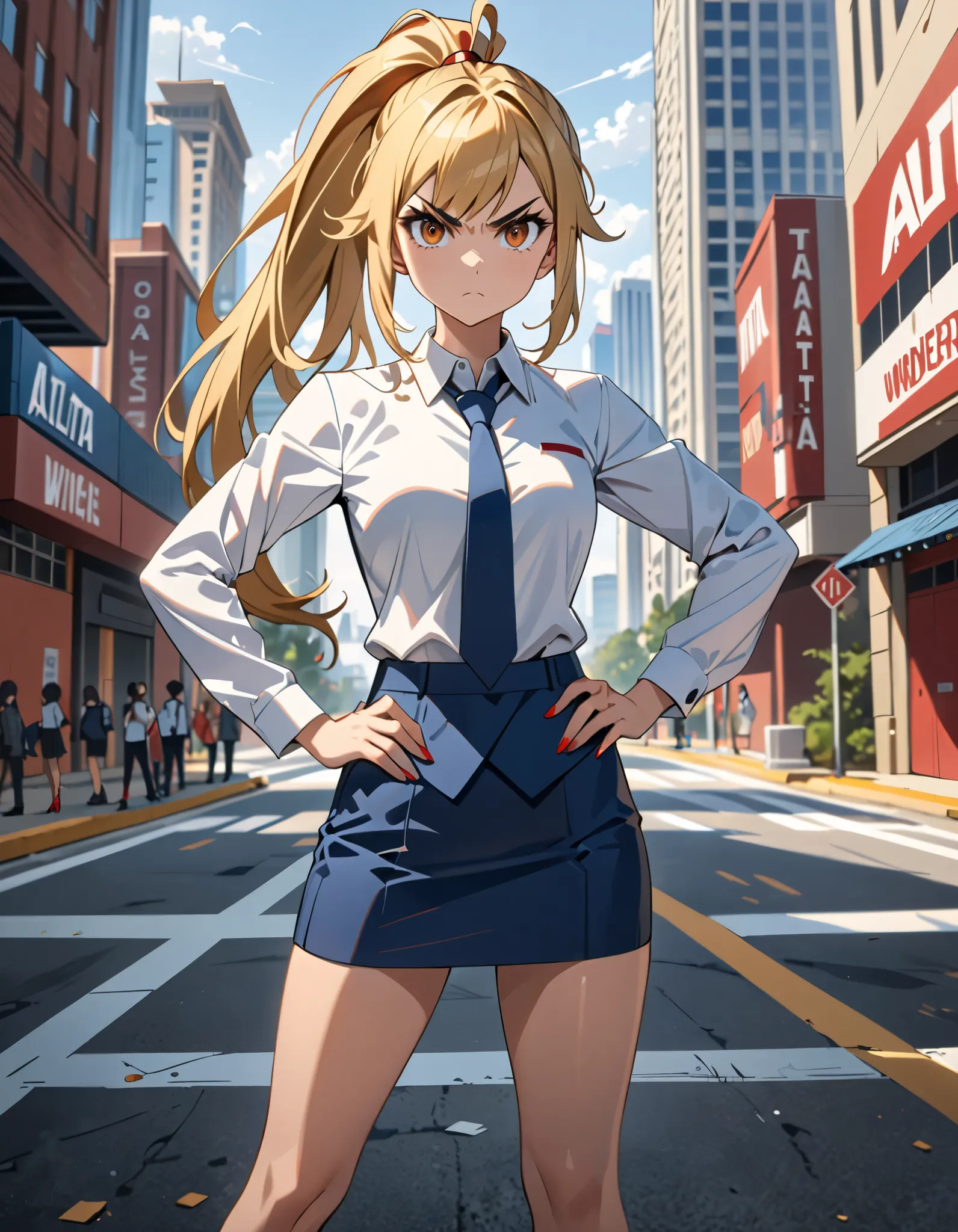 (masterpiece), (best quality), (high res), highly detailed, professional, 1girl, (solo, solo focus), wonder, anime style, serious, v-shaped eyebrows, perfect hands, complete fingers, (blue skirt suit, white collared shirt, pencil skirt, miniskirt), bare le...