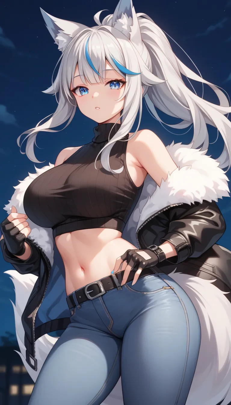 masterpiece, Highest quality, insanely detailed, 1 girl, 
baby face, arched_back, (black color fingerless gloves), Black midriff jacket, Late Night,
expressive eyes, blue eyes, cool eyes, 
ponytail, big hair flaps,  Silver Hair, 
Big Breasts, 
Sky Blue ((s...