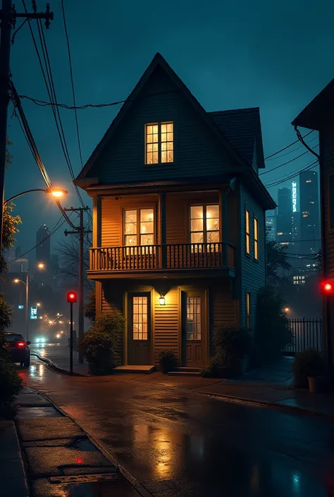 Give me an image in a first-person perspective where you can see a 2-story house with a balcony in the middle of a city at night where the view of that person is just below the balcony looking at him 