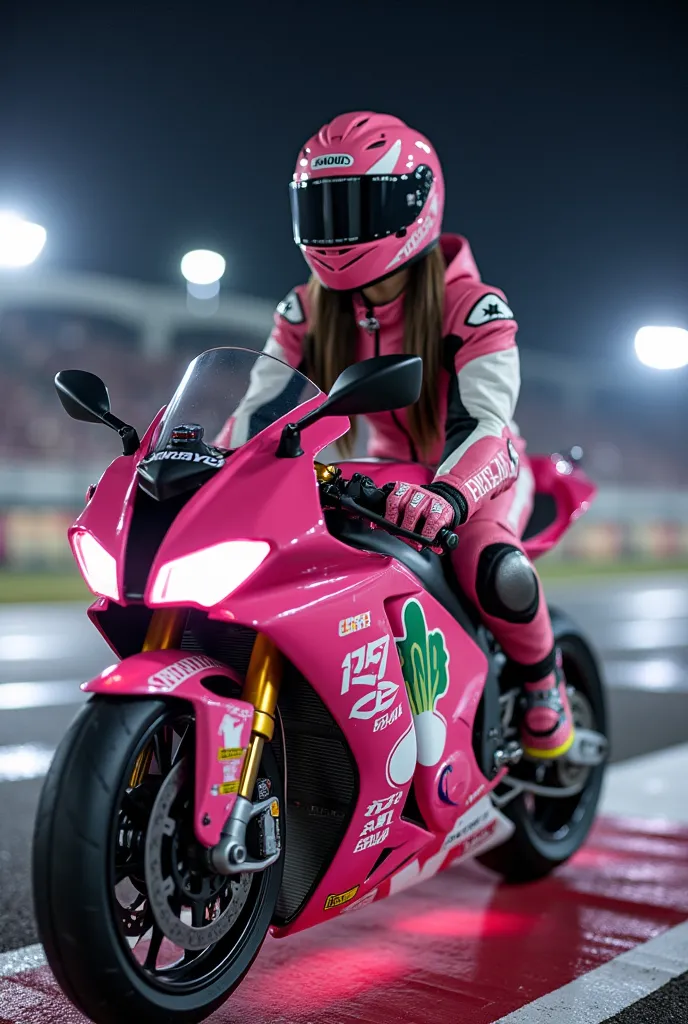 ultra-realistic, photorealistic, dramatic scene from the motorcycle racing competition, shadow, global-illumination, solo, very beautiful Japanese long haired woman, she is high school student but professional motorcycle racer, She is racing on the pink co...