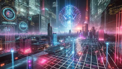 Create a stunning and atmospheric cyberpunk cityscape at night, featuring towering skyscrapers with neon lights and holograms illuminating the foggy streets below. The city should feel alive and bustling, with futuristic flying vehicles weaving between bui...