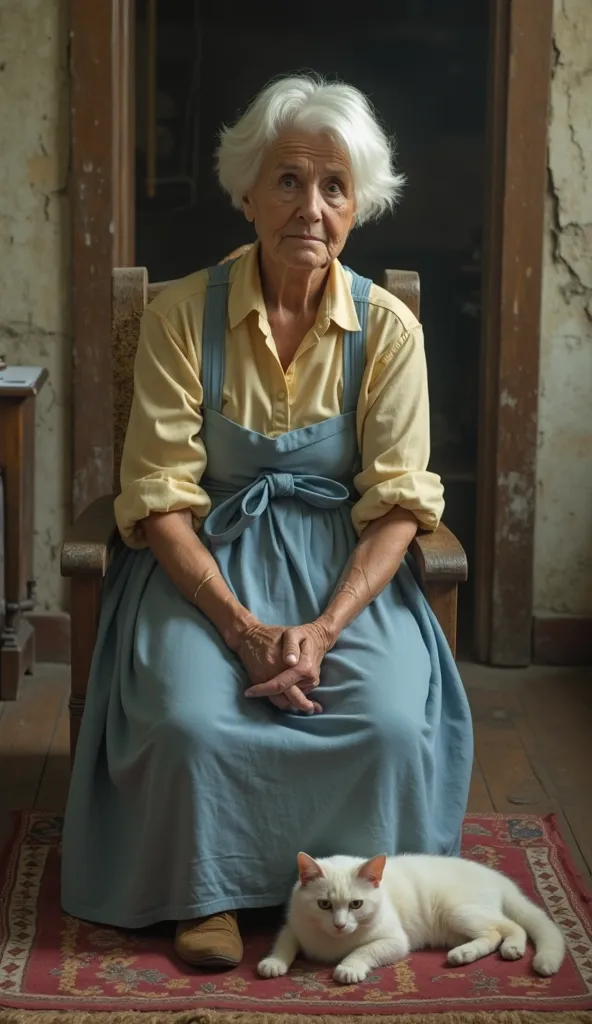 A kind old woman, short white hair, wearing a pale yellow shirt, a simple blue dress tied at the waist, and brown shoes, sitting in a shabby house with cracked walls and a wooden floor. Beside her lies a pregnant white cat with soft fur on a faded red rug....