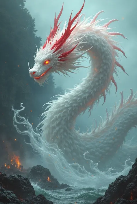 Make an image of the dragon mist from the dragon house that is white with red crests and has no front legs burned ships in the sea 