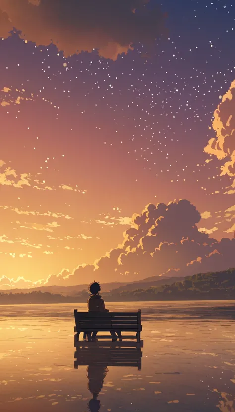 Cloudy, textured clouds anime style Alone un niño solitario sentado en una banca, colina, el cielo expansivo lleno de nubes esponjosas, iluminadas con luz dorada the stars , Makoto Shinkai Cyril Roland, 4k anime art wallpaper, 4k anime art wallpaper, Anima...