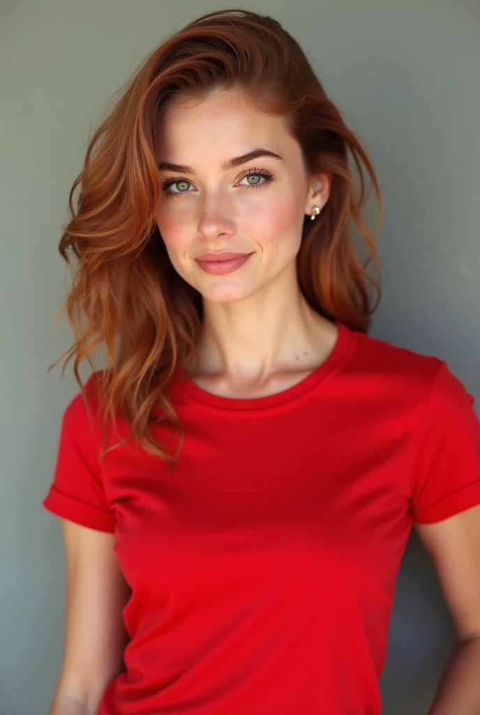 woman in red t-shirt