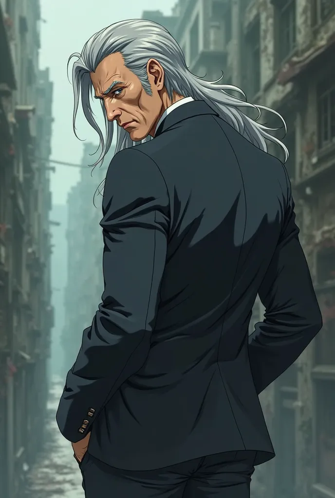 Make a male anime character, with a little long and gray hair, Turning my back and wearing a suit, What is also a little old,  That it is full-bodied 