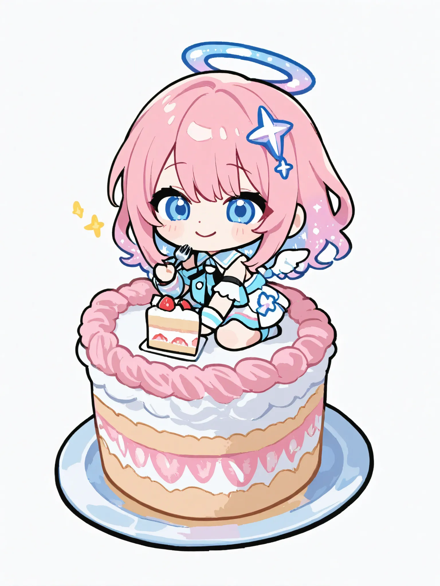 General,xxx667_illu,748cmstyle,trk,pop art, pop Art,Etching,best quality,highly detailed,chibi style,1girl,long pink hair,white and blue angelic outfit,small wings,holding cake and fork,smiling happily,celestial hair ornament,white background,playful mood,...