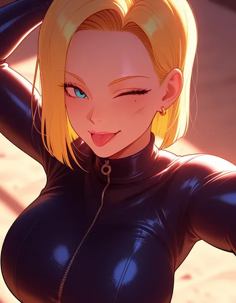 (Dirty room background). masterpiece, best quality, amazing quality, supermodel aesthetic. ((Face Detail, Eyes Detail)) (View from above)

Android 18 (Dragon Ball Z). Short blonde hair, tough & sexy, cool demeanor, ((solo)), 1 girl, big breasts, Lazy but f...