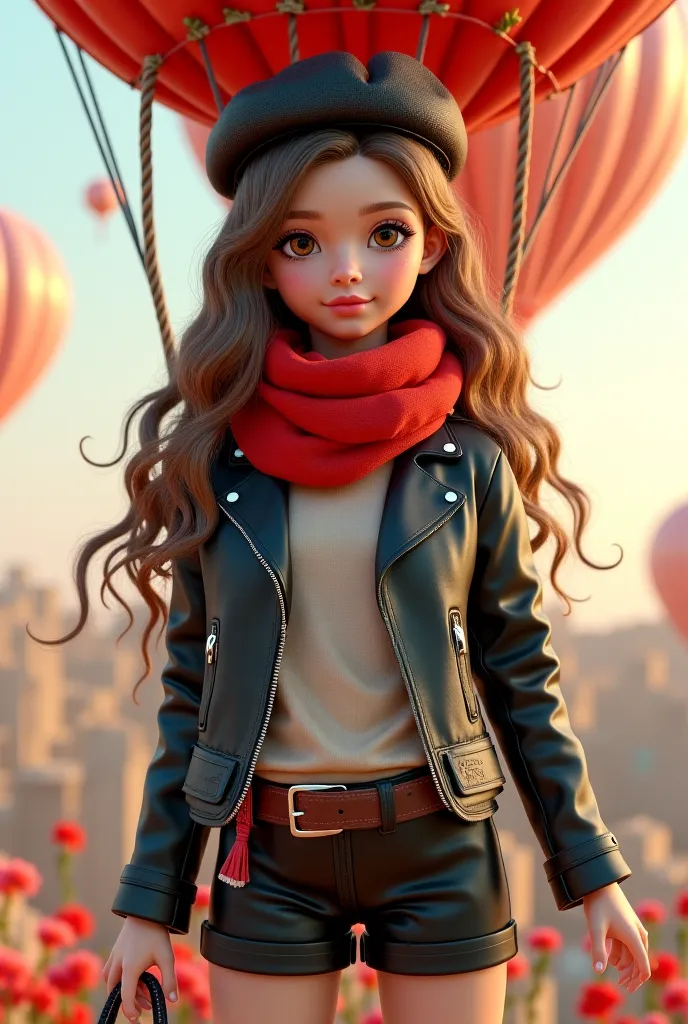 Adorable girl unrealistic image 3D long hair curly brown black jacket leather beret red scarf neck scarf black shorts leather pose standing in a static air balloon 