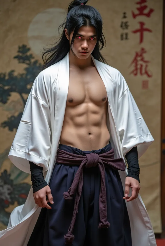 **Prompt:**  

A young man with an athletic and muscular physique stands in a dominant pose with a sharp and serious gaze. His long, jet-black hair is slightly messy, with a few strands spiking upwards, giving him a wild yet elegant appearance. His eyes gl...