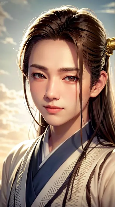  Suetsu，long hair，Hanfu，robe，sword，  handsome face shape ， realistic：1.2，beautiful faces