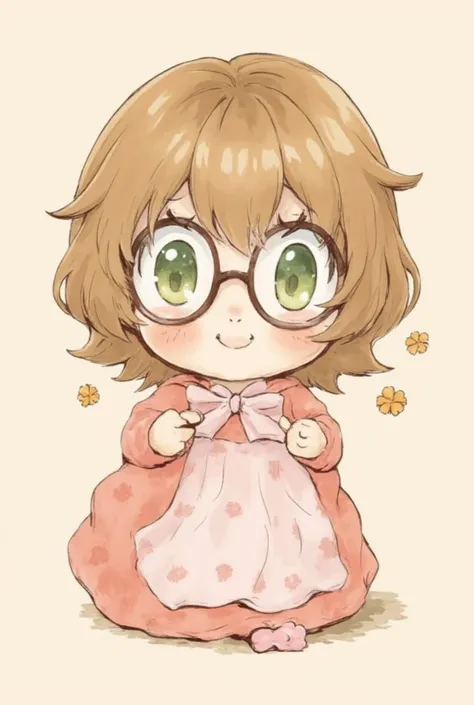 A woman in the Chibi style, with light brown hair ,chubby body, green eyes , with glasses , 