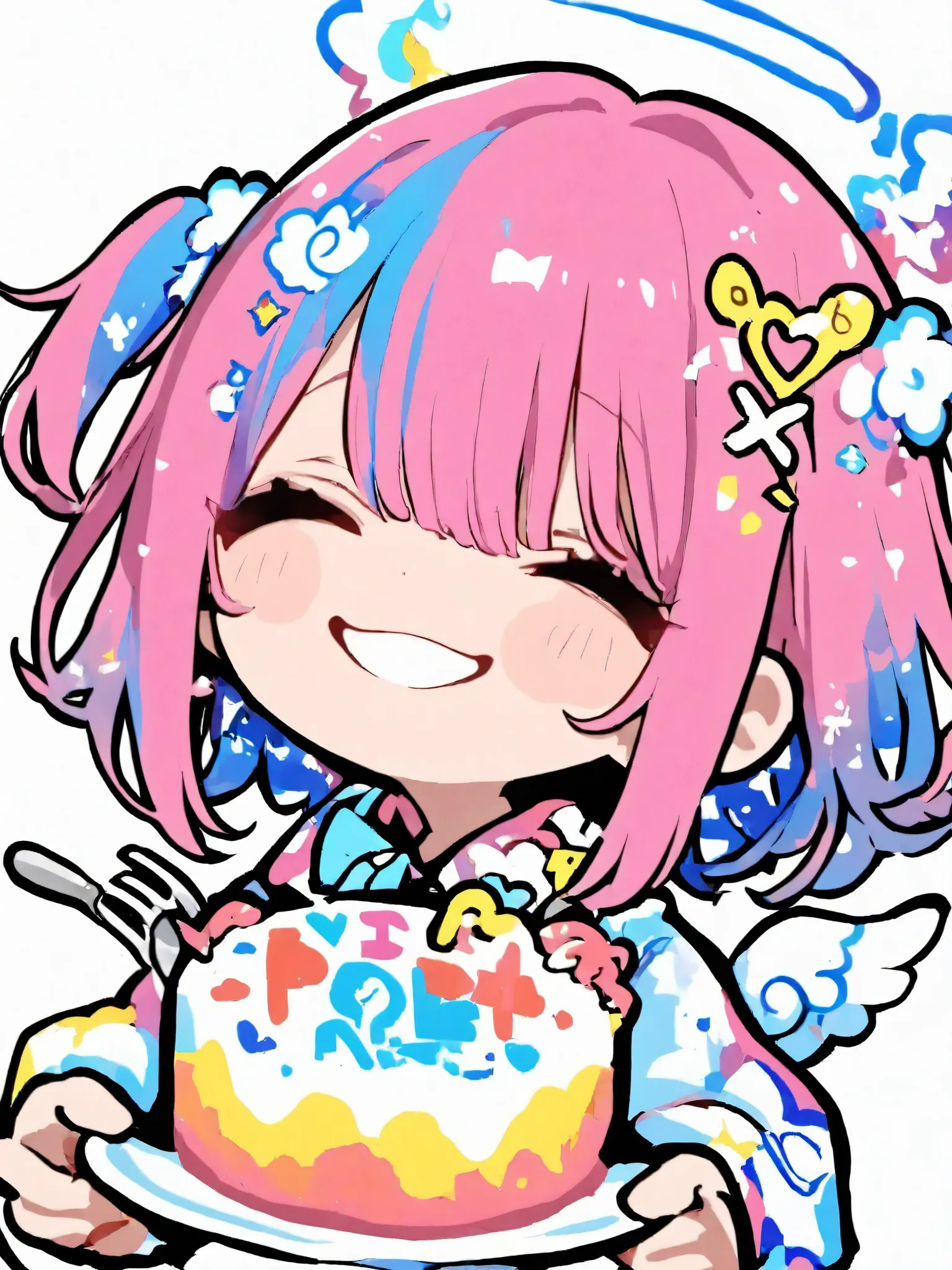 General,xxx667_illu,748cmstyle,trk,pop art, pop Art,Etching,best quality,highly detailed,chibi style,1girl,long pink hair,white and blue angelic outfit,small wings,holding cake and fork,smiling happily,celestial hair ornament,white background,playful mood,...