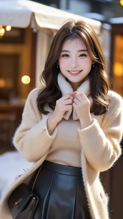 (8k, RAW photo, top quality, masterpiece: 1.2, ultra high definition, super resolution,   real pictures of pool competition : 1.37), ( full body photo),  1 An elegant and elegant Japanese woman , ( Standing Contra Post  ), Winter Season , ((Black Coordinat...