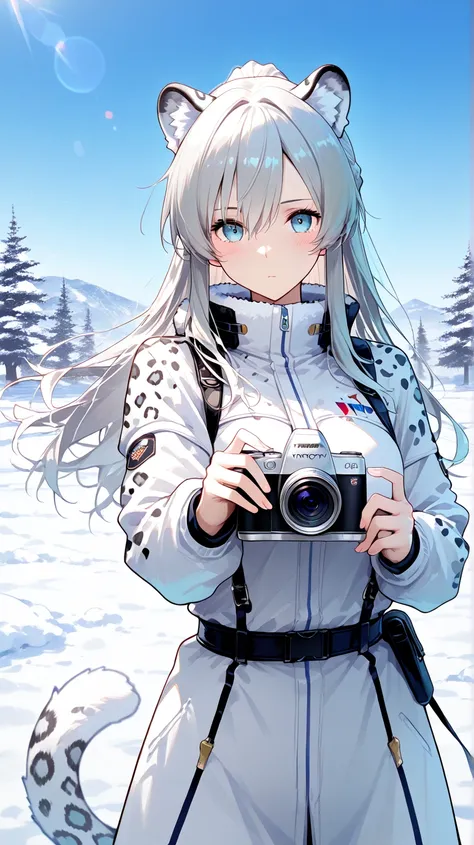 (Victory、Highest quality: 1.2)、1 girl、anime art、( front view) focus on your face、Highest quality、Super Detailed Illustration of a Woman Drawing a Magic Arrow 、Shoot an Arrow、 half up hair、long hair、  Silver Hair、Snow leopard ears 、Snow leopard tail 、ranger...