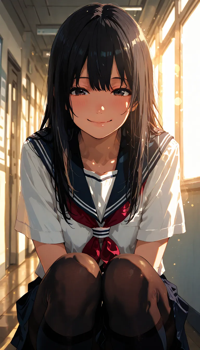 (masterpiece, best quality, illustration), anime girl, cute, solo, japanese school uniform, sailor uniform, skirt, black hair, long hair, smiling, gentle smile, soft smile, detailed eyes, detailed face, 7/8 tights, knee-high socks, school hallway, school c...