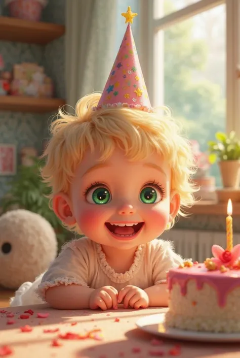 Blond baby with green eyes in her birthday