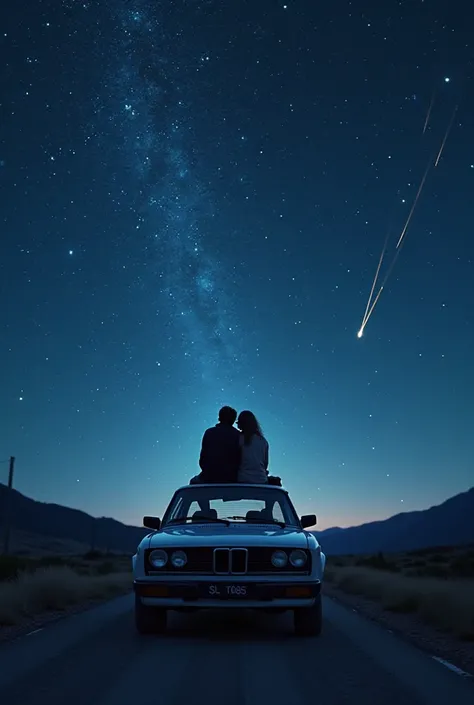 Give me an image of a couple climbing on the windshield of their car watching the night stars on the road