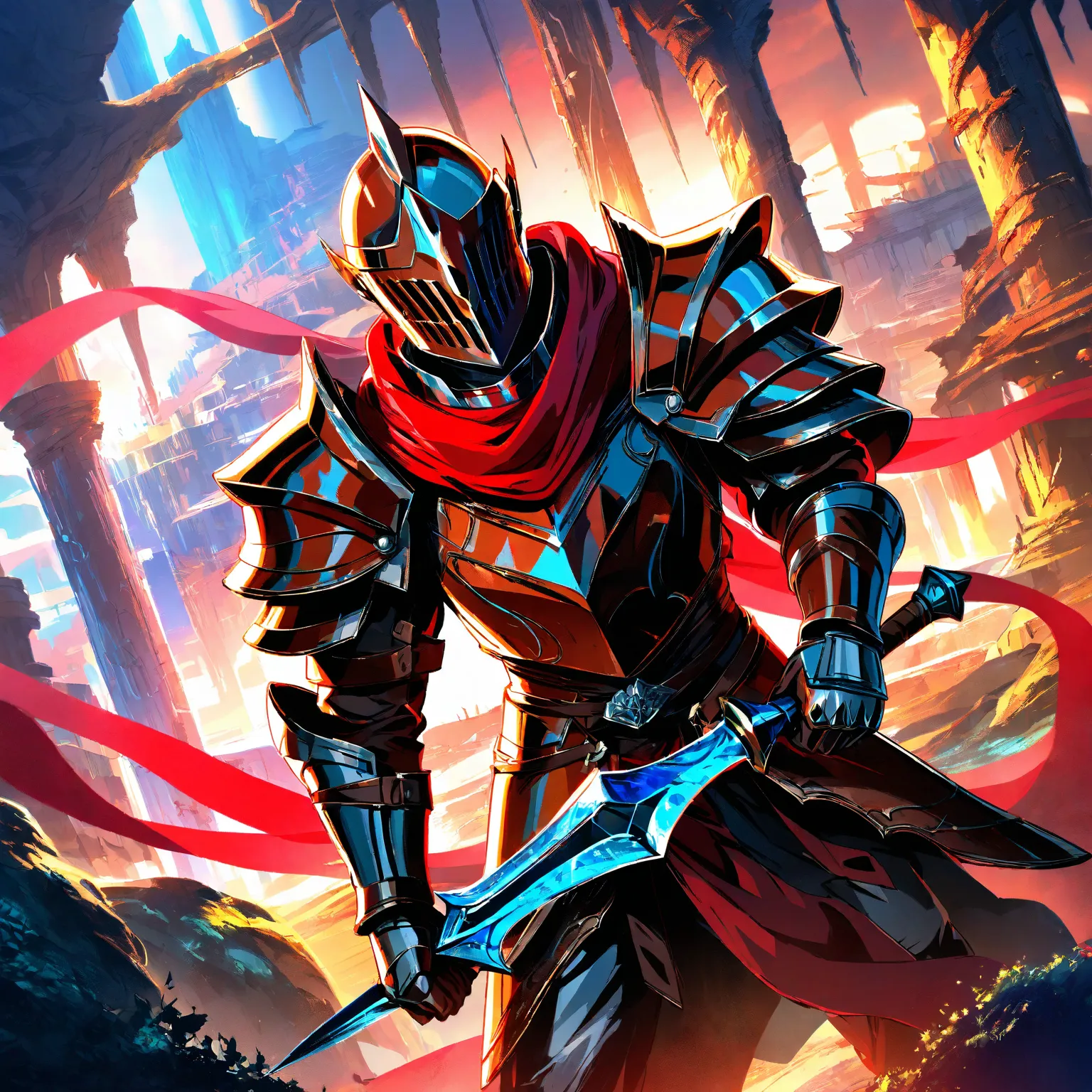 team high resolution, dungeon environment, distant angle, large size, Pose holding dagger, Knight in Rusty Armor,  Red scarf, About the detailed Bocacena, anime atmosphere , dramatic lighting, fantasy style,  digital painting , vibrant colors