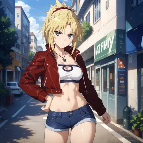 mordred, green eyes, blonde hair, ponytail, short hair, scrunchie, red scrunchie, hair scrunchie, medium breasts, denim, denim shorts, jacket, jewelry, midriff, navel, necklace, red jacket, short shorts, shorts, tube top, white top, glossy skin, glistening...