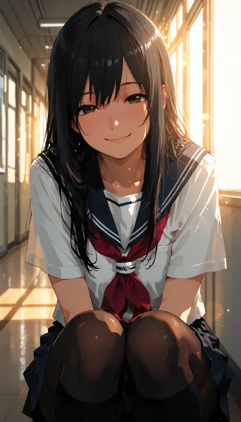 (masterpiece, best quality, illustration), anime girl, cute, solo, japanese school uniform, sailor uniform, skirt, black hair, long hair, smiling, gentle smile, soft smile, detailed eyes, detailed face, 7/8 tights, knee-high socks, school hallway, school c...